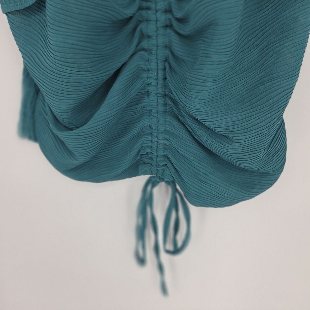 Willow & Root Womens Teal Smocked Ruched Tie Front Ruffle Chiffon Blouse Medium - Picture 3 of 8